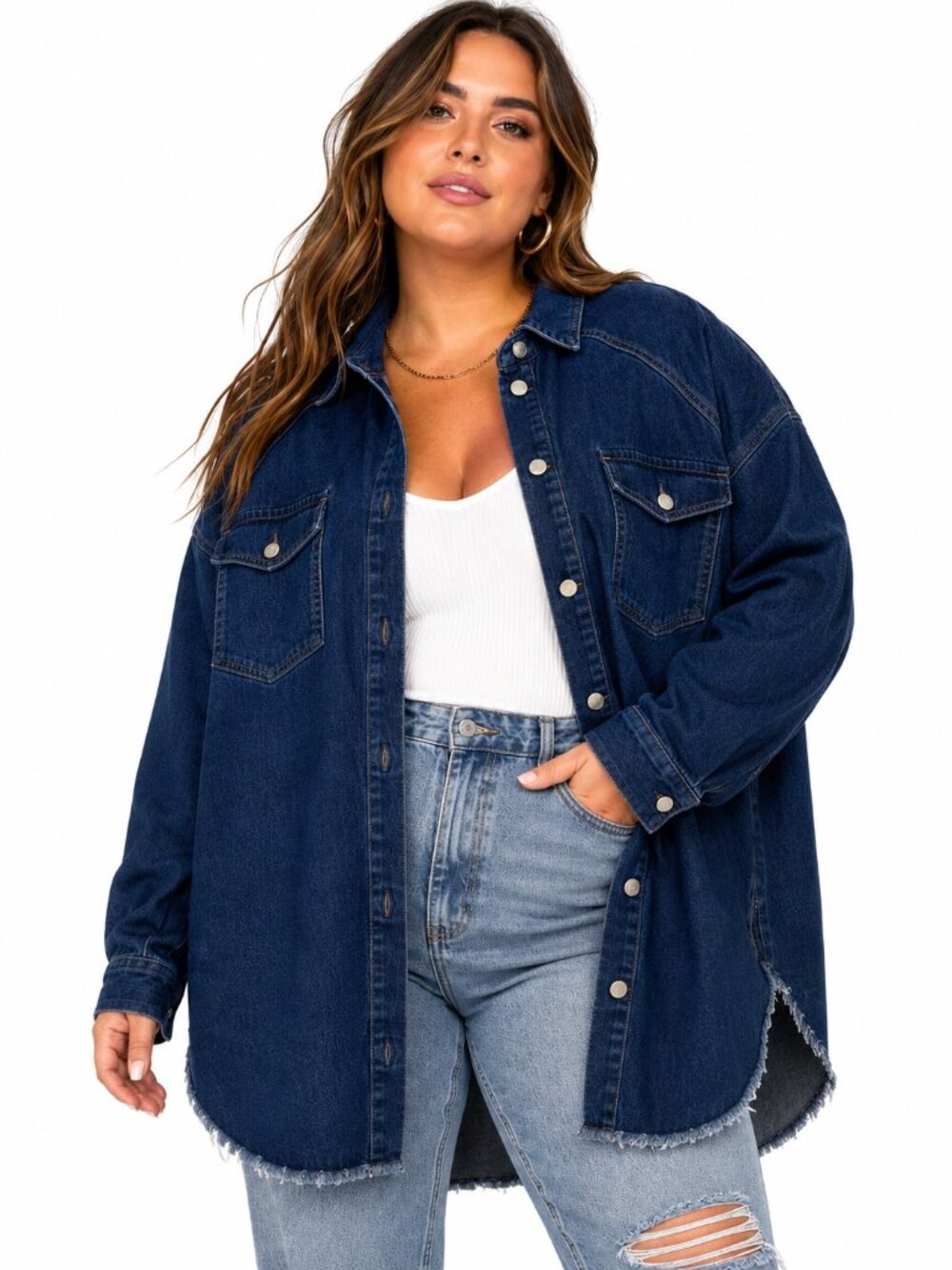 Princess Poly Dark Wash Long Sleeve Hi Low Denim Jacket Womens 10 Distressed